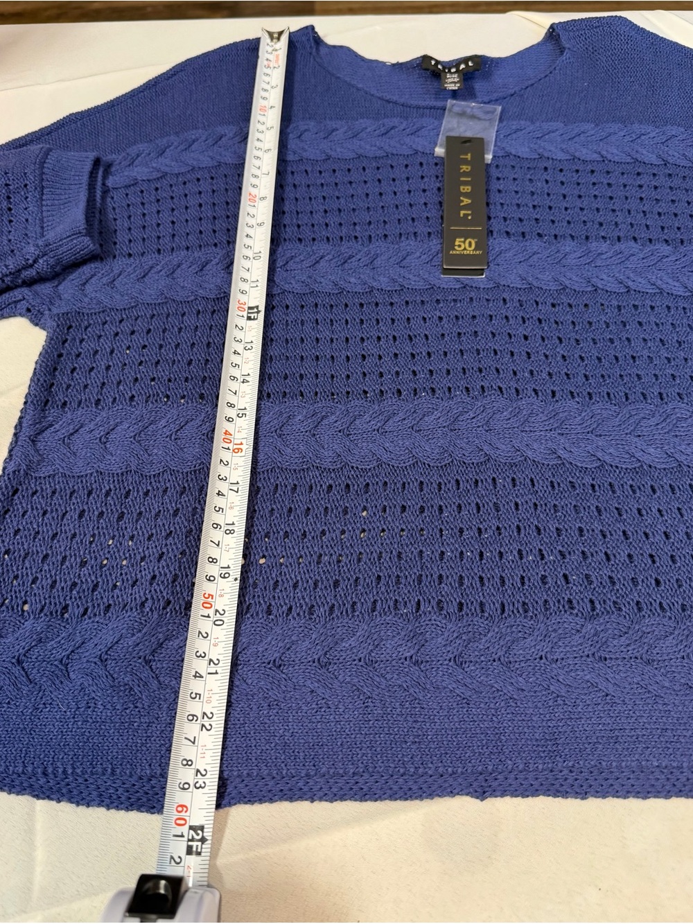 Tribal Open-Knit Navy Cable Sweater Chevron Design 3/4 Sleeves Women’s XL Petite - Picture 6 of 7